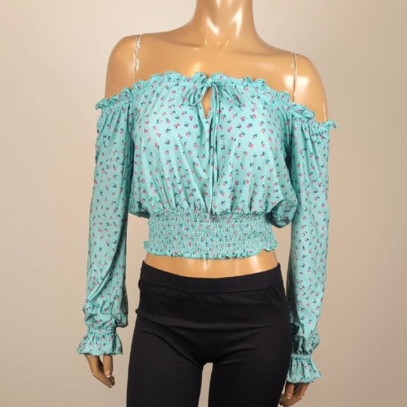 Guess Floral Off Shoulder Crop Top Long Sleeve Flare Cuff Smocked Bubble Hem - Picture 12 of 12